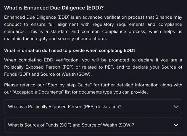 Opening of Binance's Help Center article on enhanced due diligence: the heading What is Enhanced Due Diligence (EDD)?, a paragraph saying EDD asks you to declare whether you are a Politically Exposed Person and to declare your Source of Funds and Source of Wealth, and two collapsed questions on the PEP declaration and on SOF and SOW