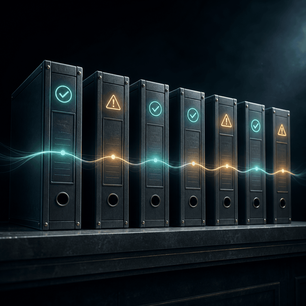 Binance 历史事件复盘主题插图：档案柜立面，check 与 warning 灯混合，teal/amber 流光 ribbon