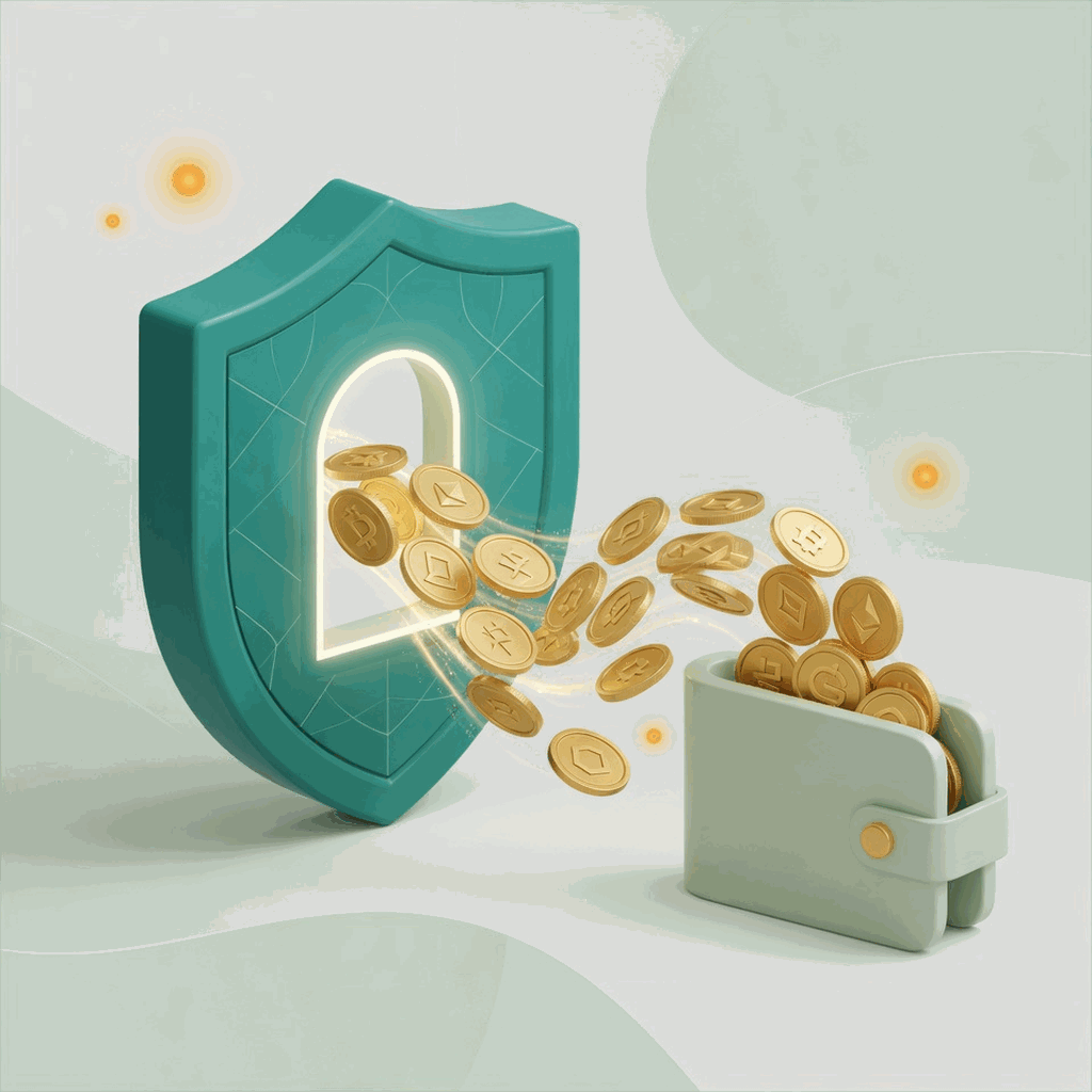 Hướng dẫn rút tiền Binance: minh họa chủ đề với khiên màu teal, đồng tiền đi qua cổng an toàn và điểm cảnh báo màu hổ phách