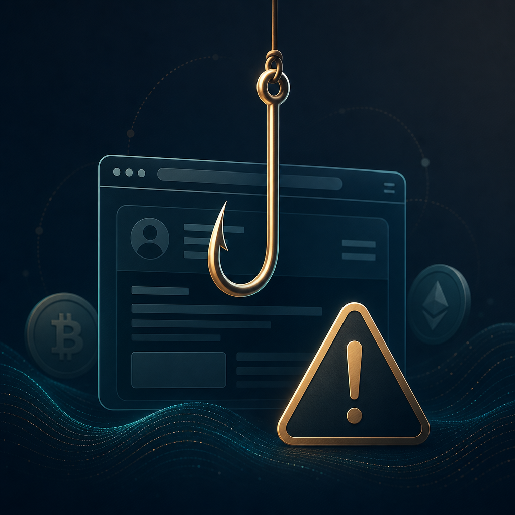 核实 Binance 官方网站主题插图：抽象钓鱼钩与伪冒网站轮廓警示