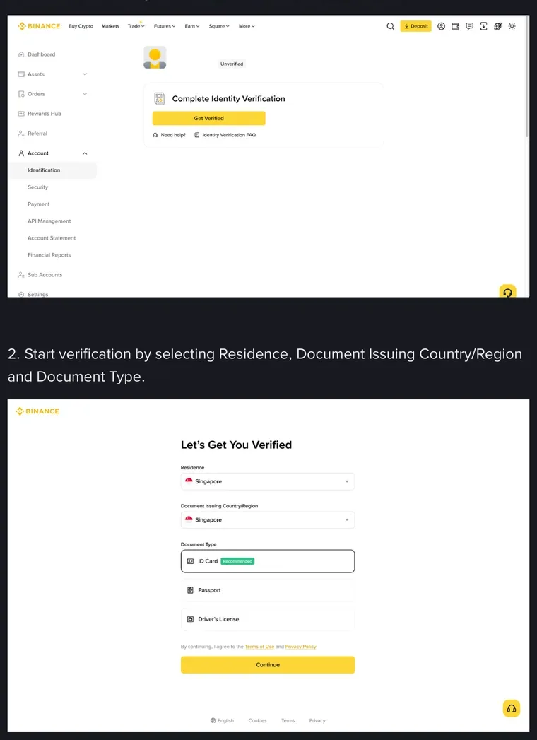 binance.com 英語版ヘルプページの本人確認手順。Identification 画面の Get Verified ボタンと、居住国・書類の発行国・書類の種類を選ぶ Let's Get You Verified 画面