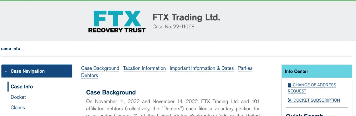 Kroll 破产管理官网上 FTX Trading Ltd. 的案件页面，显示 FTX Recovery Trust 标识、案号 22-11068，左侧为 Case Info、Docket、Claims 导航